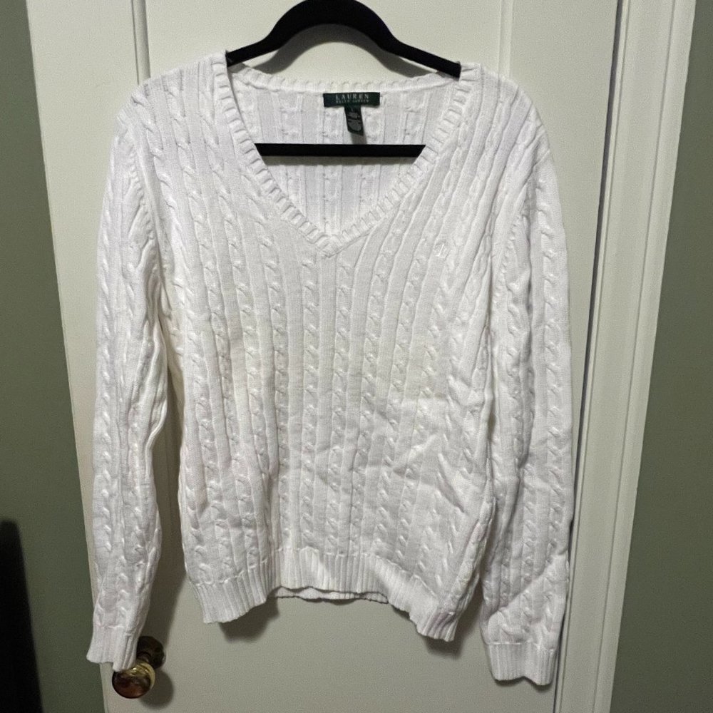 Lauren Ralph Lauren White V- Neck Cable Knit Sweater